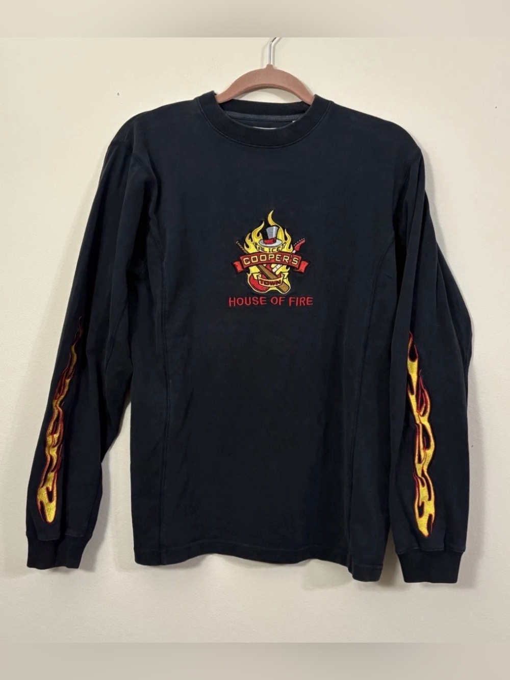 Vtg Alice Cooper’s Town Shirt Mens S Black Long Sleeve Flames HOUSE OF FIRE